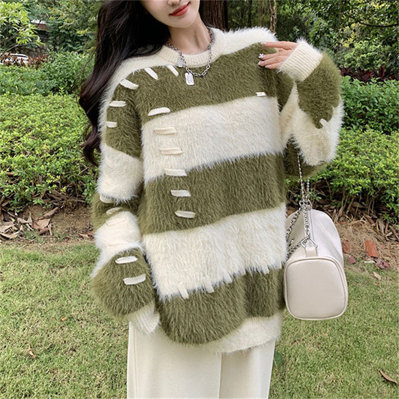 Women's Sweater Thick Gentle Loose Lazy Stripe Japanese Retro