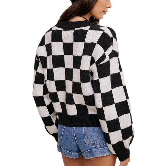 Women's Single-breasted Plaid Commuter Chanel Style Long Sleeve Sweater