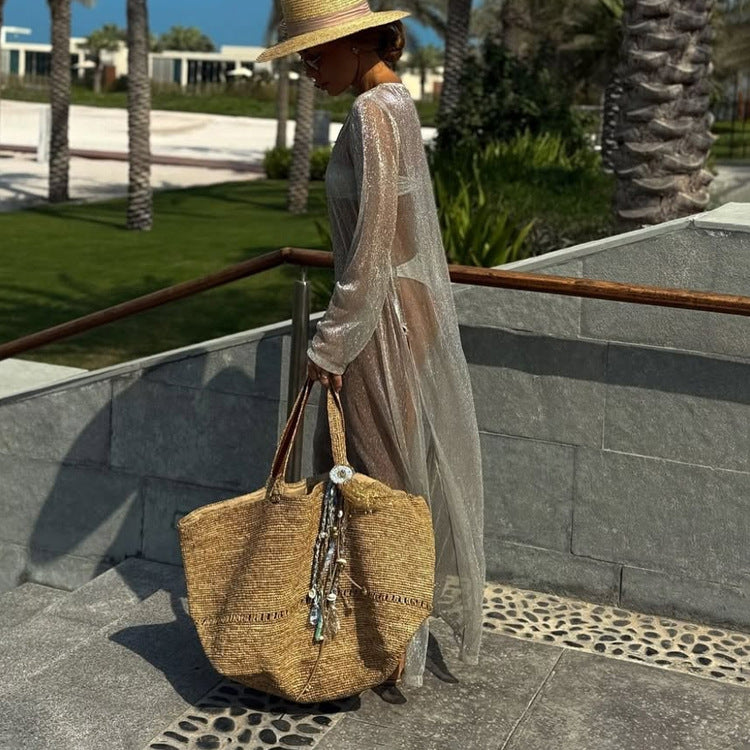 Sexy Sheer Round-Neck Long-Sleeve Split Sun-Protective Dress