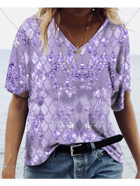 3D Printed Loose V Neck Short Sleeve T Shirt Top