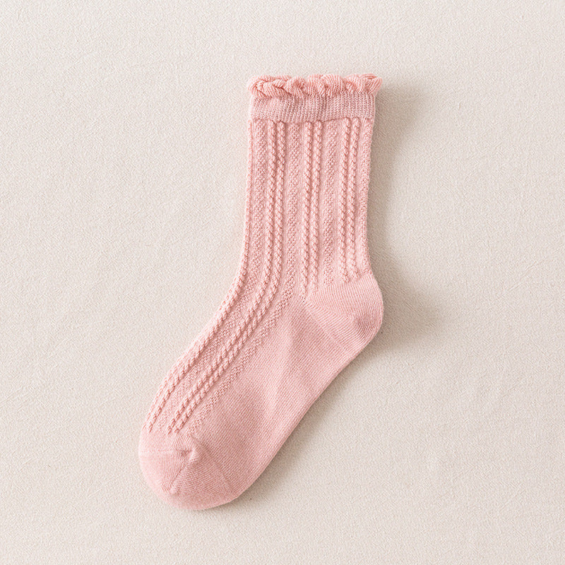 Autumn Japanese Solid Color Ins Lace Bubble Cotton Breathable Mid-calf Socks
