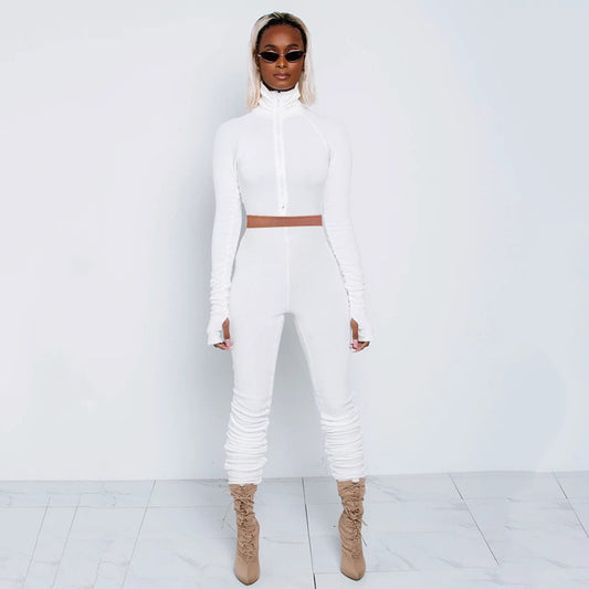 Fashion Casual Women's Pit Strip Pleated High-neck Two-piece Suit