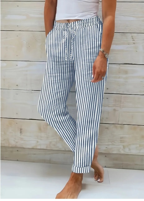 Fashion Striped Cotton Linen Elastic-waist Trousers Decorative Buckle Casual Pants