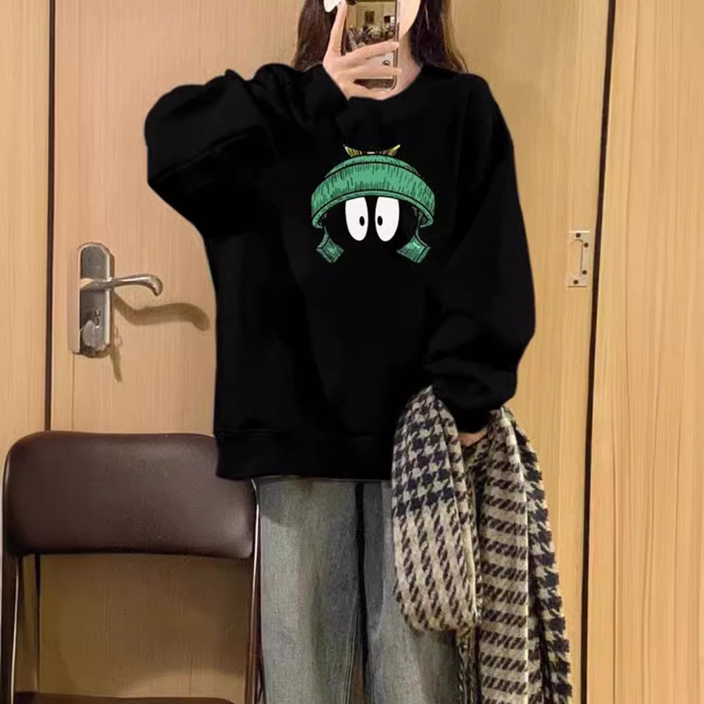 Autumn And Winter New Round Neck Loose Casual Fleece-lined Hoodless Sweater Women