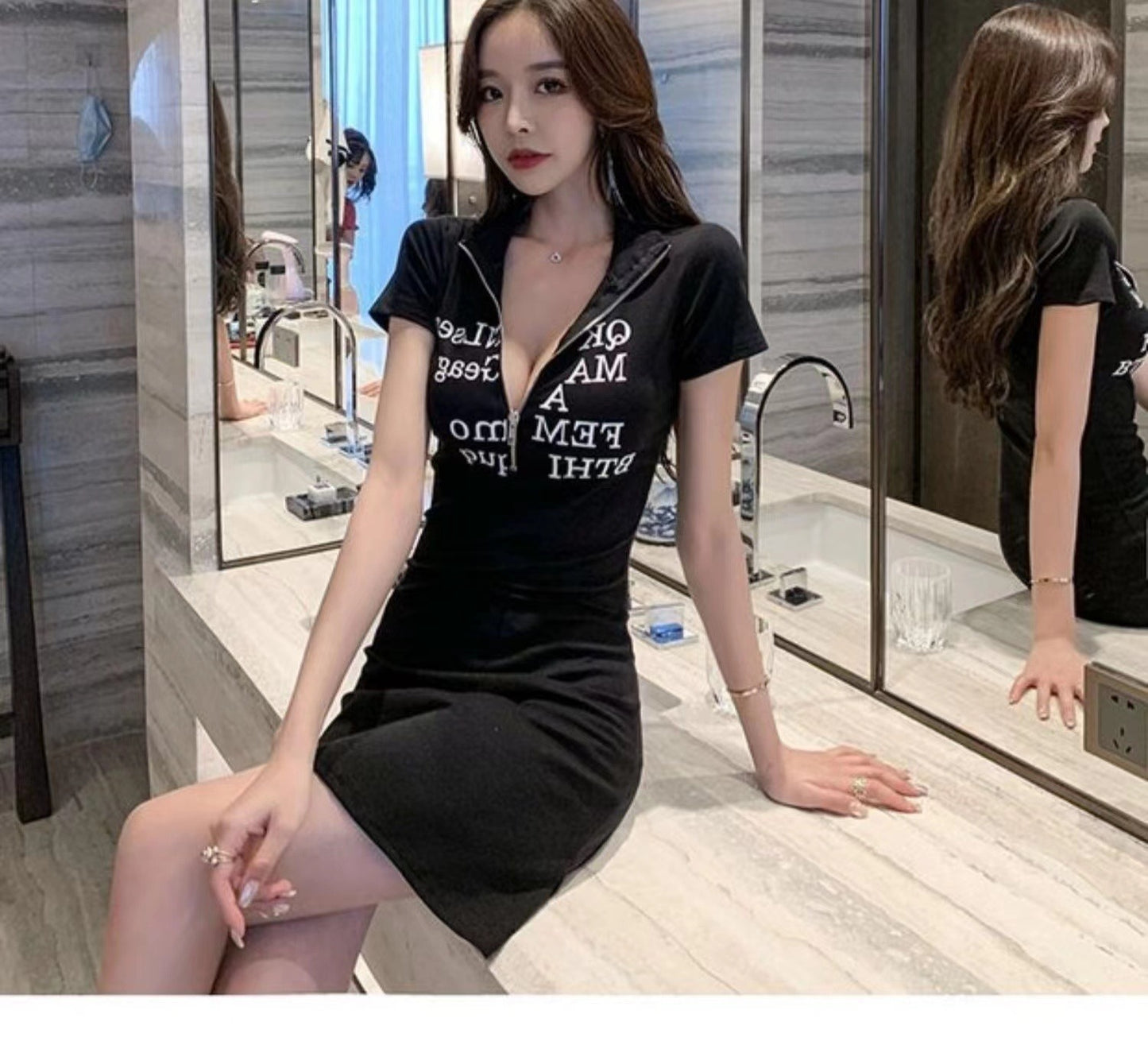 Sexy Low-Cut Zipper A-Line Skirt Hepburn-Style Petite Skirt
