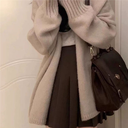 New Korean-style Versatile Strap Loose Cardigan Figure-flattering Pleated Skirt Three-piece Set