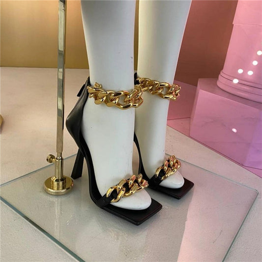 One Word Strap High Heel Sandals With Chain Square Toe