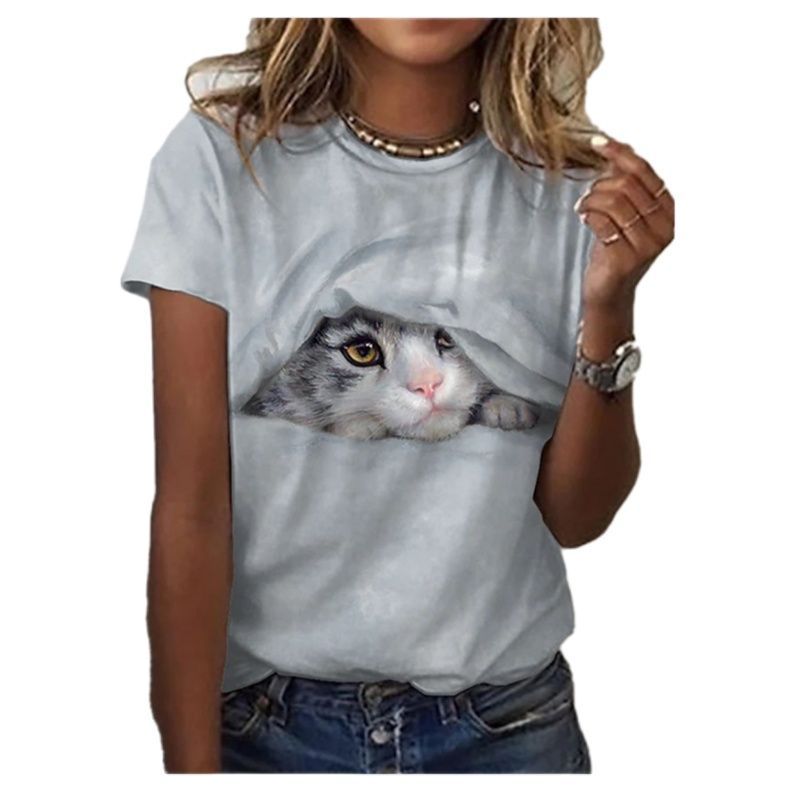 Cat Face Print Summer Women's T Shirt