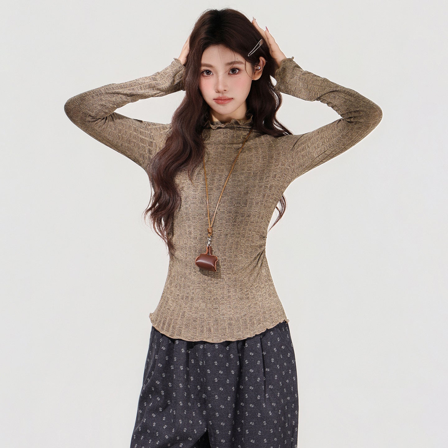Women's Brown Semi-high Neck Ruffled Waist-cinching Long-sleeved Base Shirt