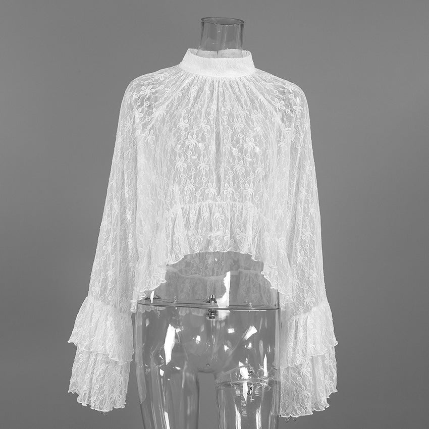 White Lace Jacquard Sheer High-neck Workwear Relaxed-style Long-sleeve Shirt