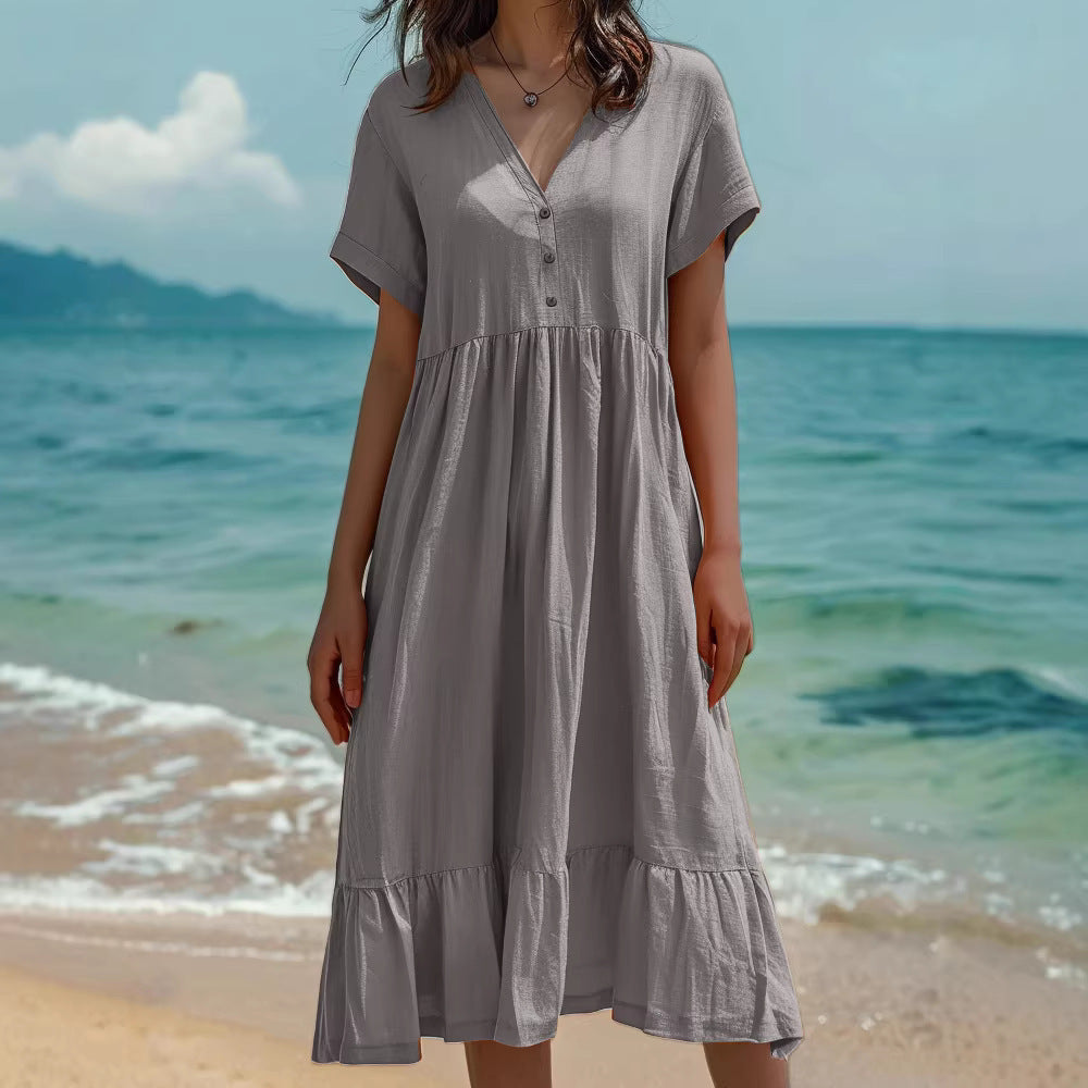 Solid-color Short-sleeve Fashionable Pleated Dress