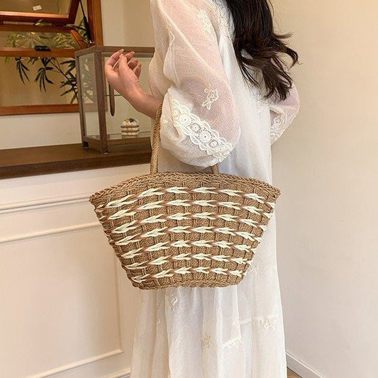 Color-Block Womens Handwoven High-Capacity Shoulder Beach Basket Bag For Vacation
