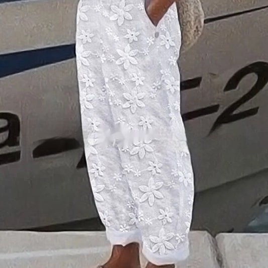 Women's Elegant Embroidery Cotton And Linen Casual Pants