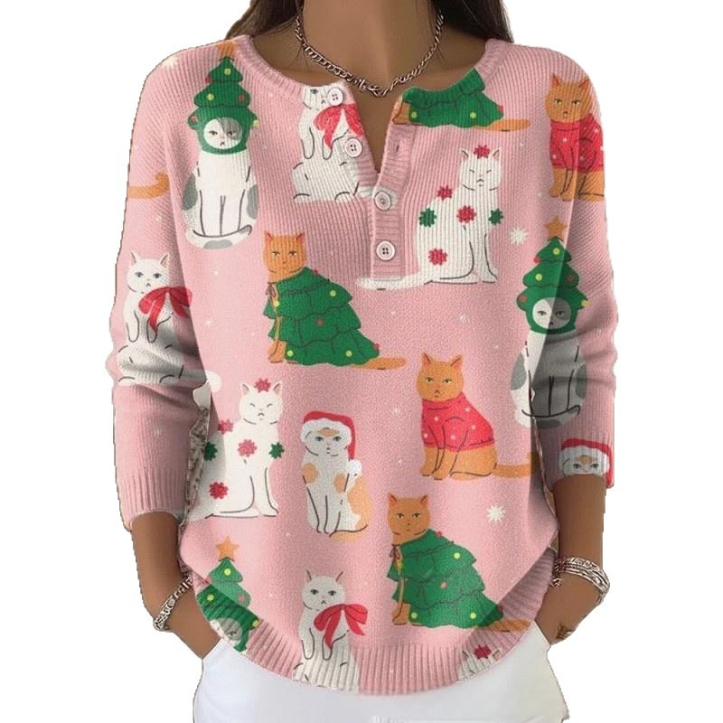 Retro Christmas 3D Digital Printing Four-button Stand Collar T-shirt