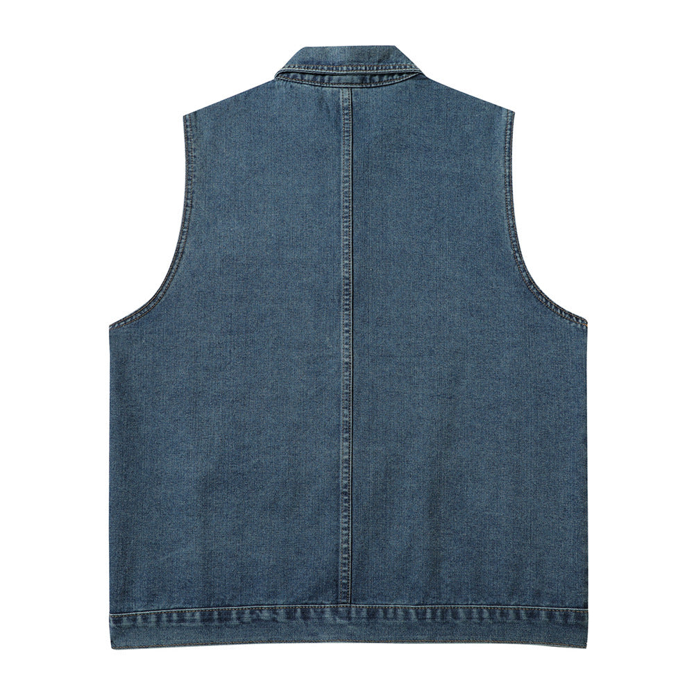 Denim Vest Man Loose All-match Casual Waistcoat Pocket Deconstruction Stitching Topstitching Waistcoat