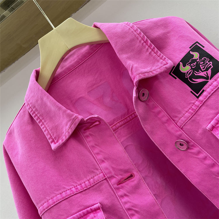 Printed Rose Red Denim Short Jacket Women Spring And Autumn