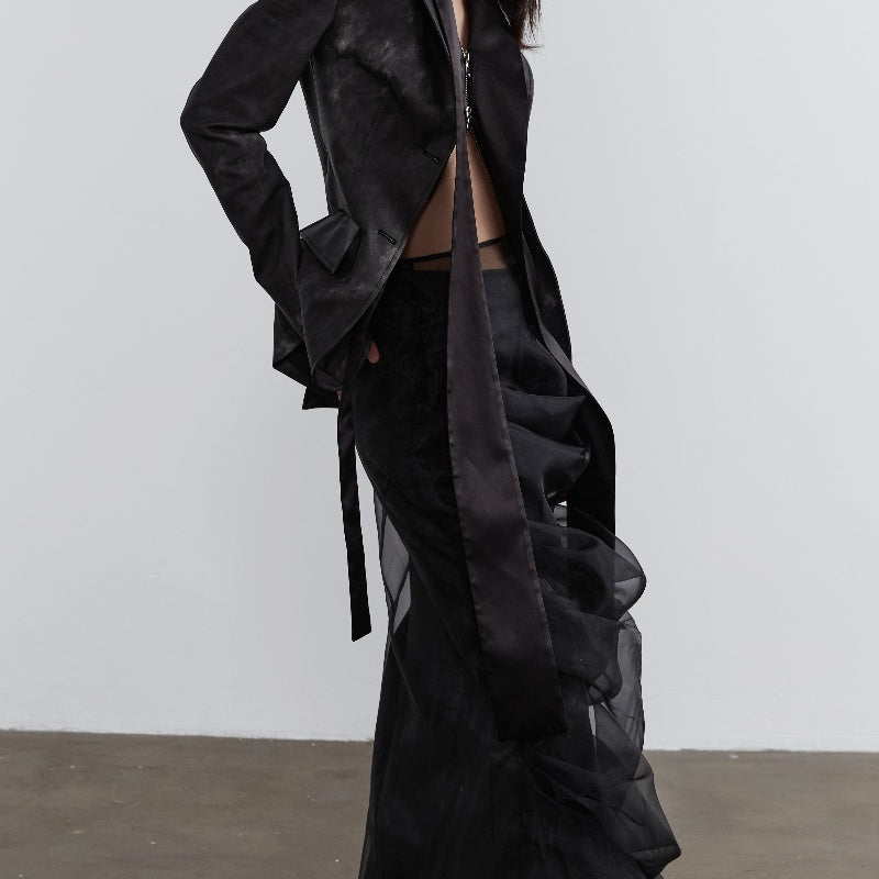 Elegant Retro Dark Style Two-piece Skirt With Pleated Yarn