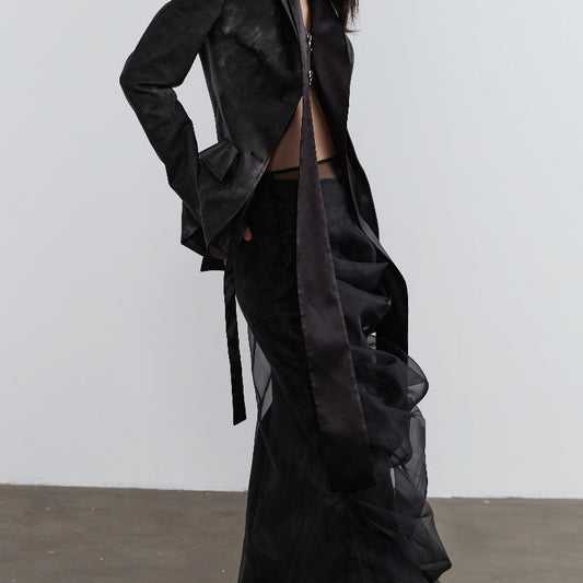 Elegant Retro Dark Style Two-piece Skirt With Pleated Yarn