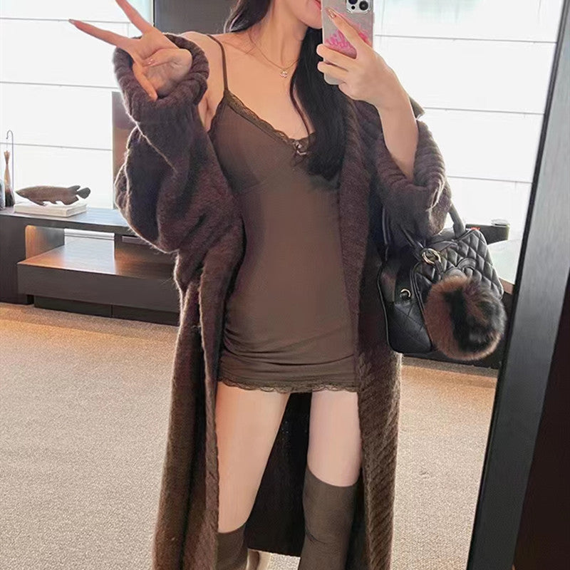 Design Mid-length Large Lapel Idle Style Knitted Cardigan Sweater