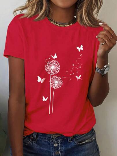 Dandelion Butterfly Pattern Round Neck Short Sleeve