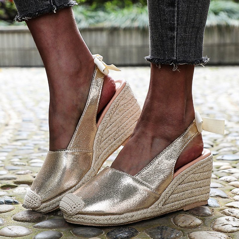 Summer New Hemp Rope Wedges Sandals Female Large Size Bow Snake Print Platform Sandals