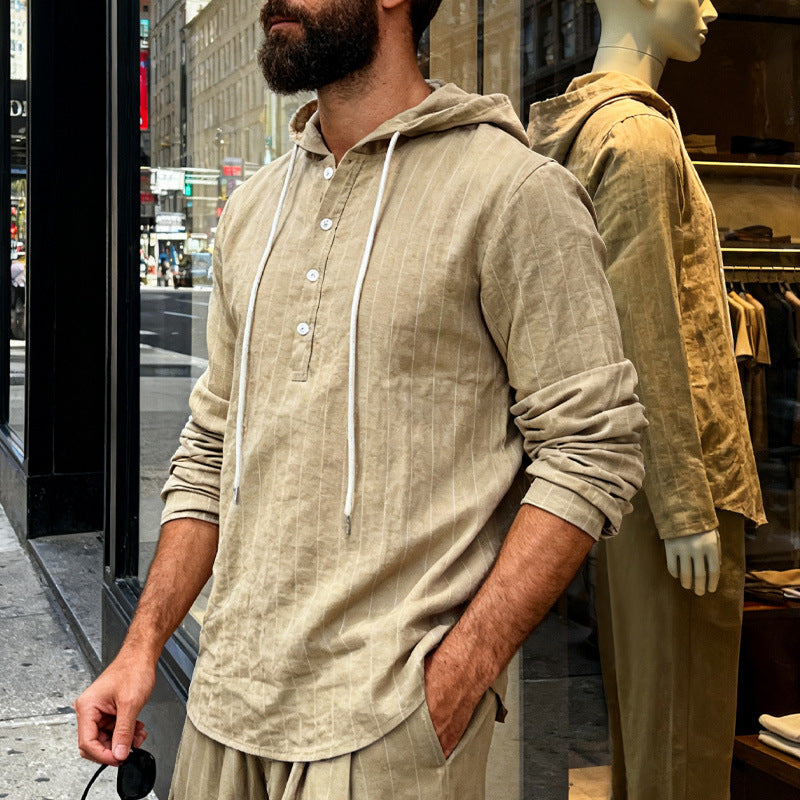 Mens Loose-Fit Casual Long-Sleeve Hooded Shirt