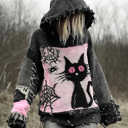 Drop-Shoulder Vintage Womens Printed Loose Hooded Top