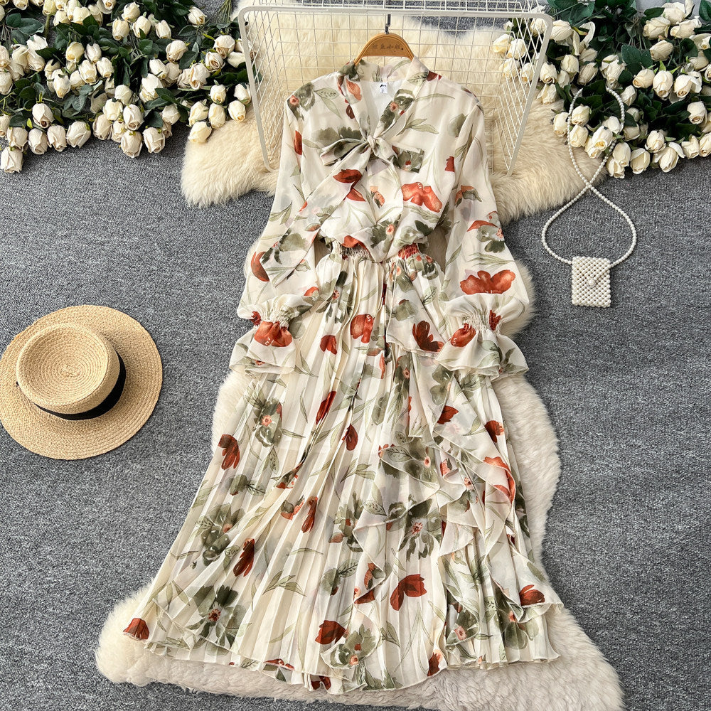 V-Neck Lace-Up Waist-Fitted Printed Chiffon Dress For Women
