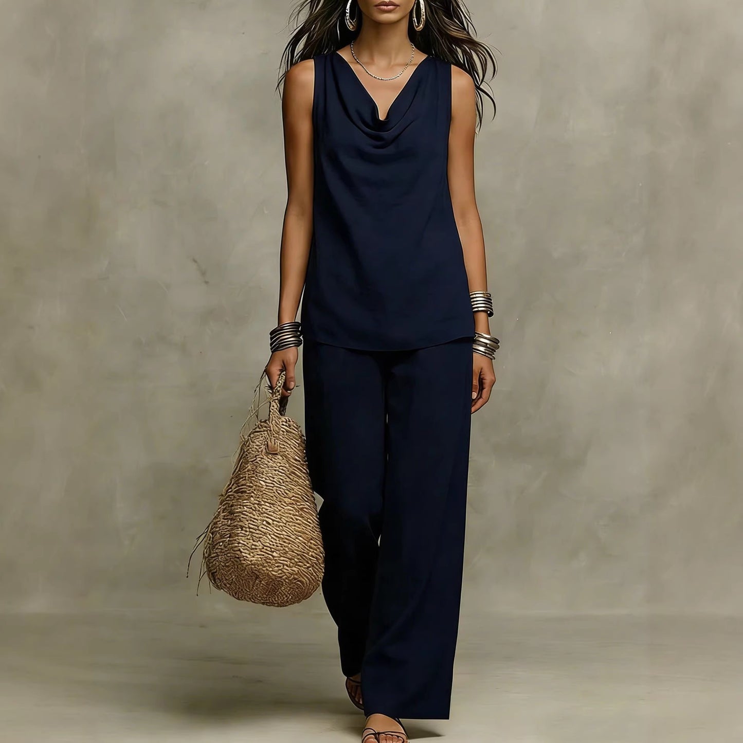 Womens Slash-Neck Sleeveless Tank Top And Casual Pants Set