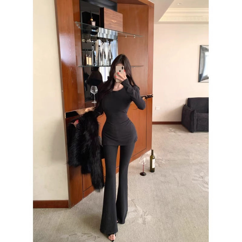 Slimming Round-neck T-shirt And Flared Pants Two-piece Set
