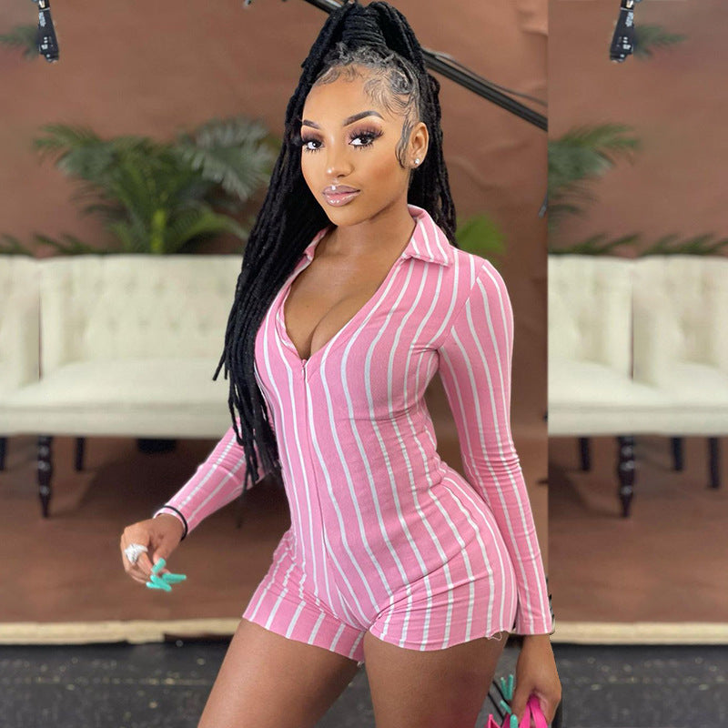 Lapel Zipper Slim Vertical Stripes Women's One-piece Shorts