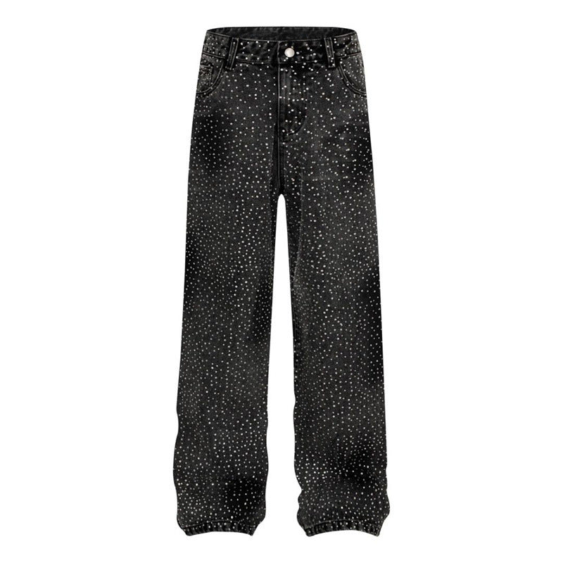 Special-interest Design Pants Rhinestone Loose Straight Wide Leg Casual Jeans