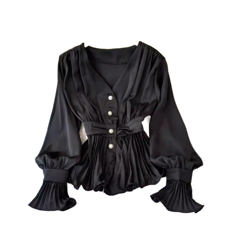 Temperament V-neck Long Sleeve Top Young French Minority