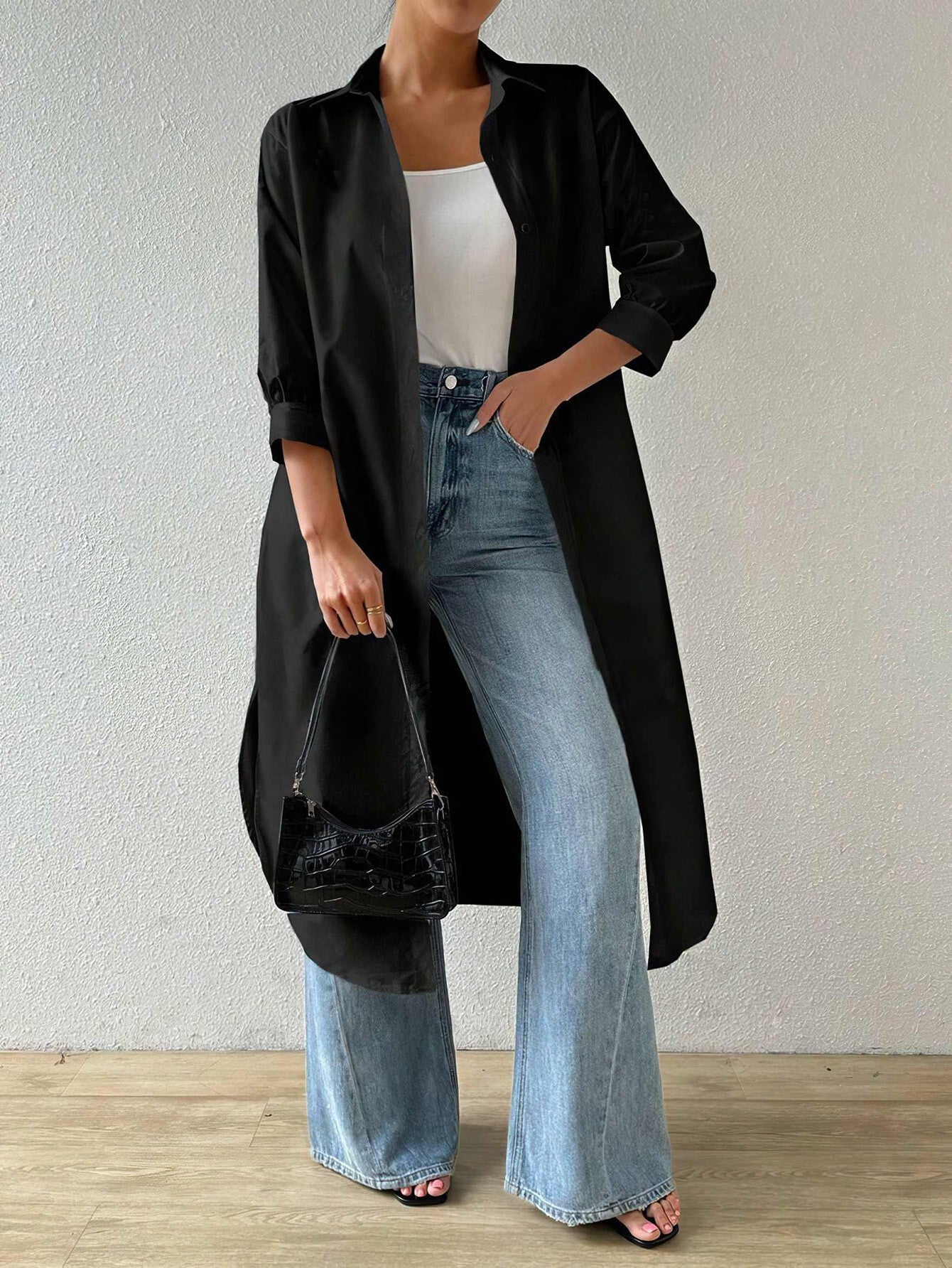 Womens Versatile Long Solid-color Cardigan With Three-quarter Sleeves