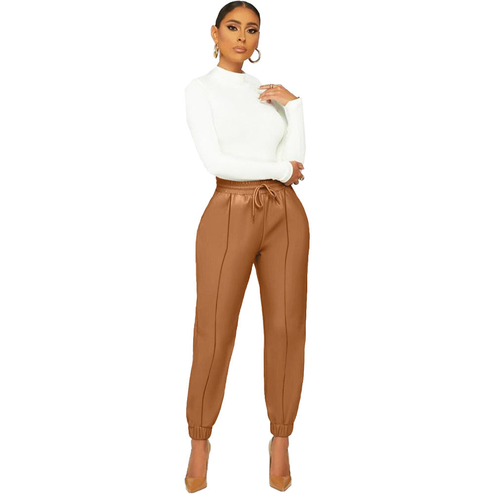 Solid Sexy PU Leather Casual Pants