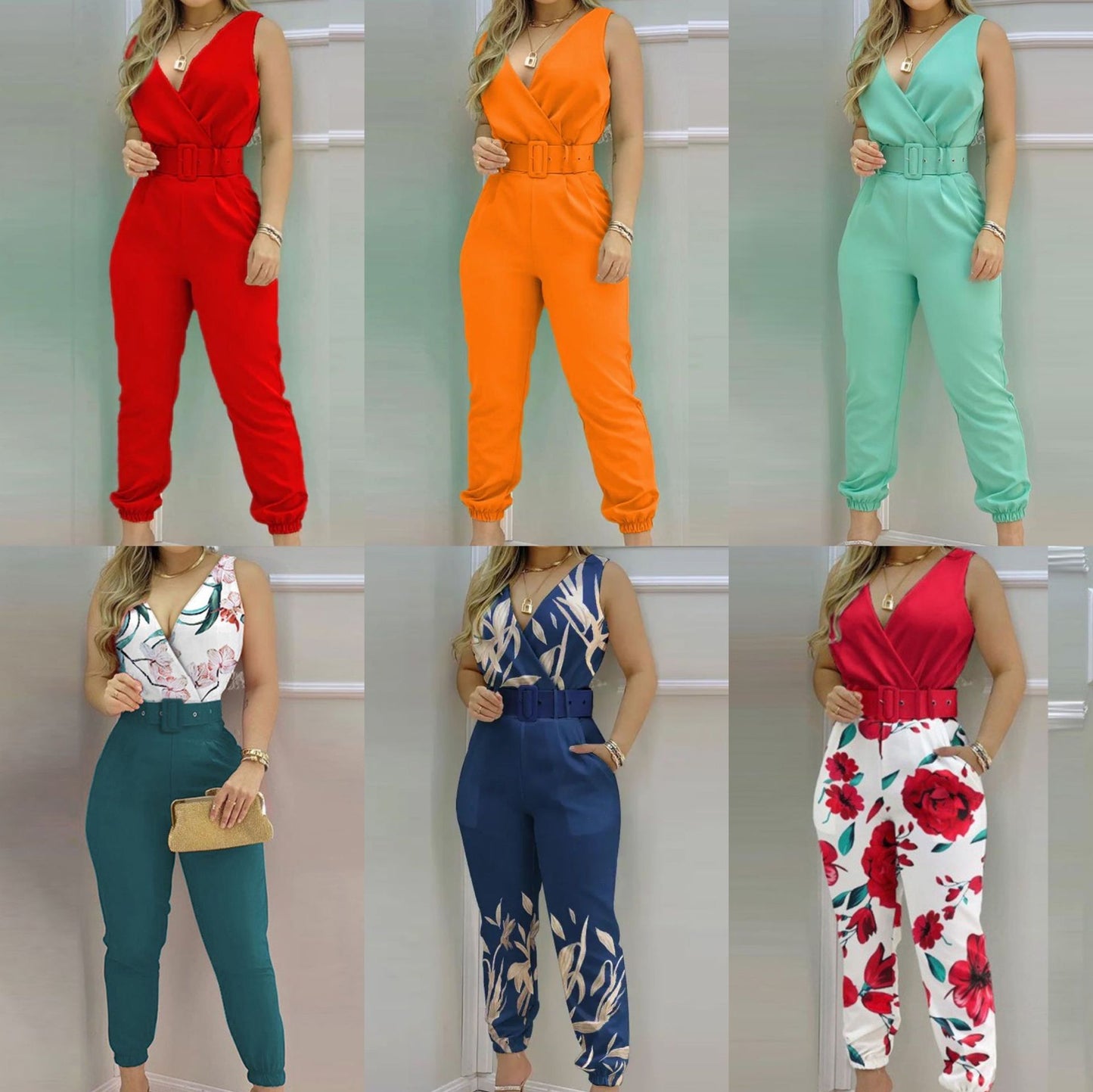 Jumpsuit til kvinder med V-udskæring, bar ryg og printet høj talje