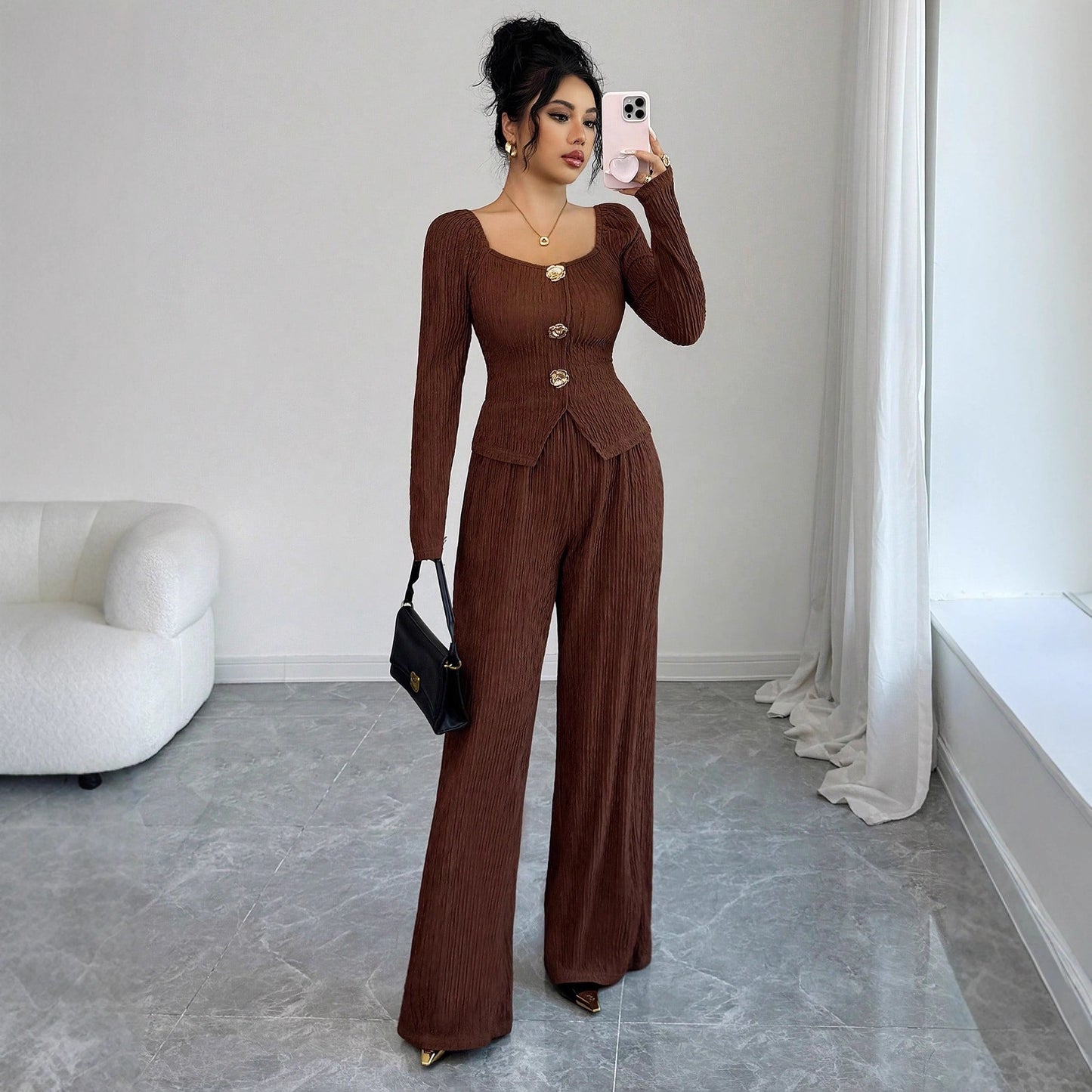 Metal Rose Buckle Slim-Fit Fashionable Womens Suit