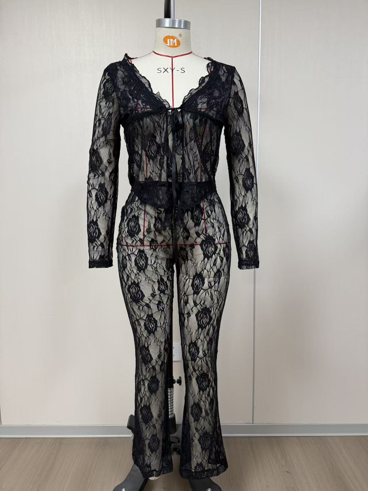 Lace Top With Long Sleeves And Lace Pants Two-piece Set