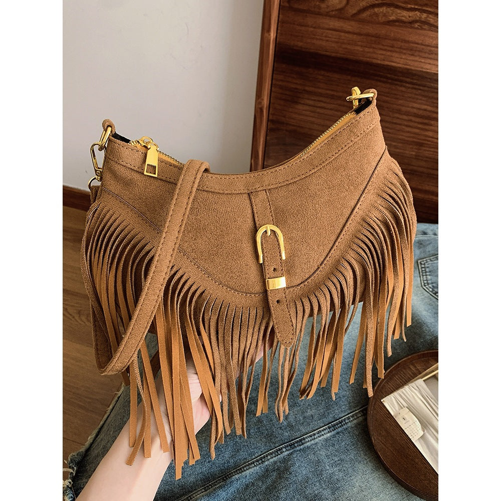 Maillard Brown Tassel Retro Versatile Crossbody Bag