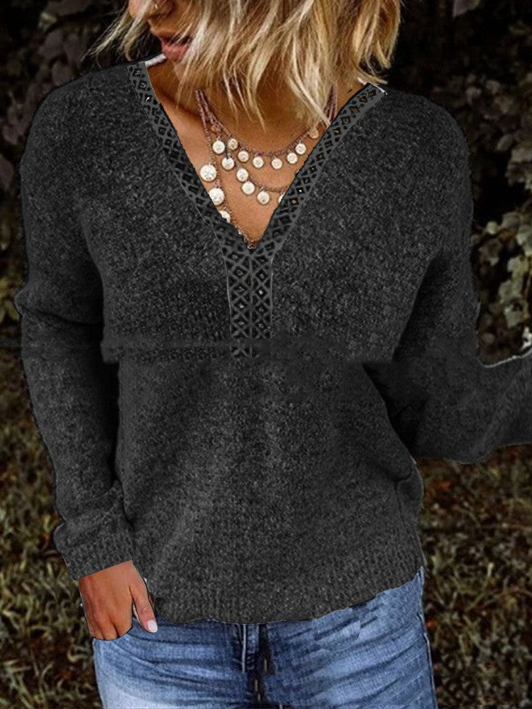 Kvinders pullover med blondeindsatser