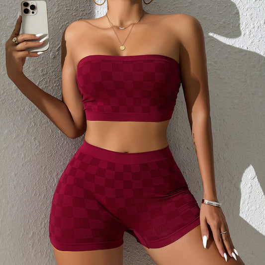 Grid Word Wrap Bandeau And Boxer Shorts Set