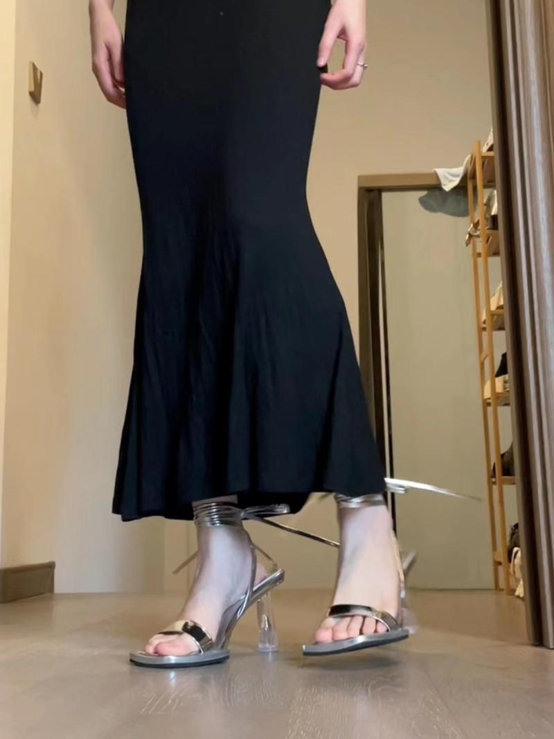 Niche Design Sølv Højhælede Transparente Stilethæle Romerske Rem Elegant Sandaler
