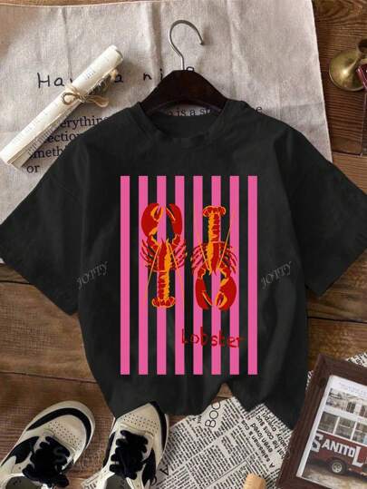 Casual Round Neck Short Sleeves Lobster Print Gra