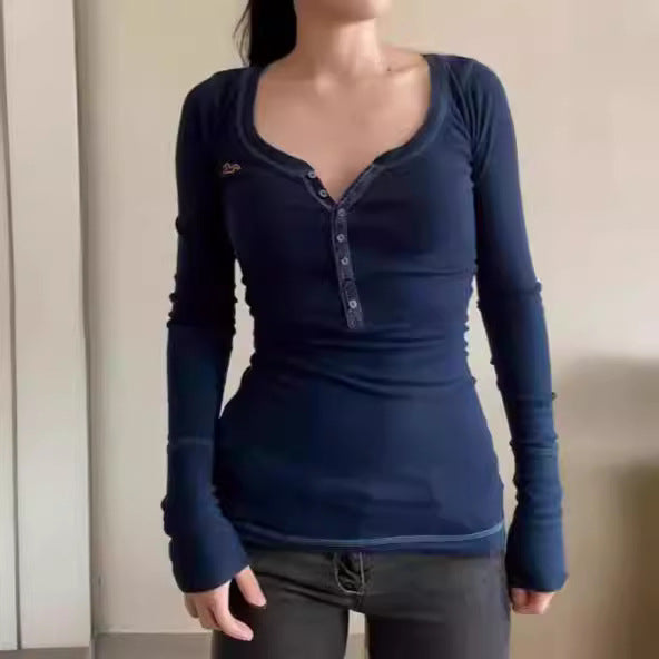 Simple Solid Color Rib Fabric Tight Long Sleeve Bottoming Shirt