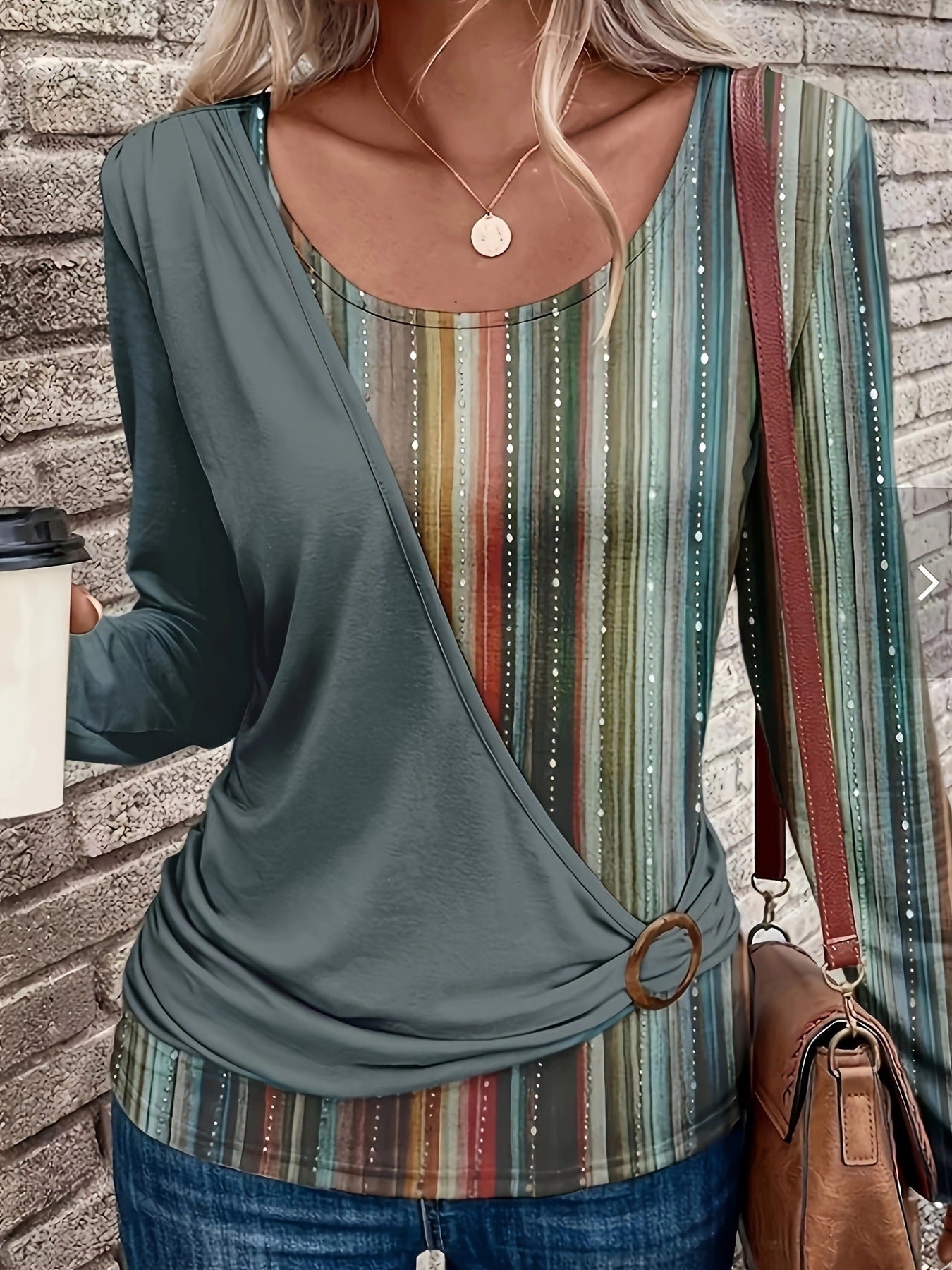 New Round Neck Stitching Printing Casual Long Sleeve Loose T-shirt