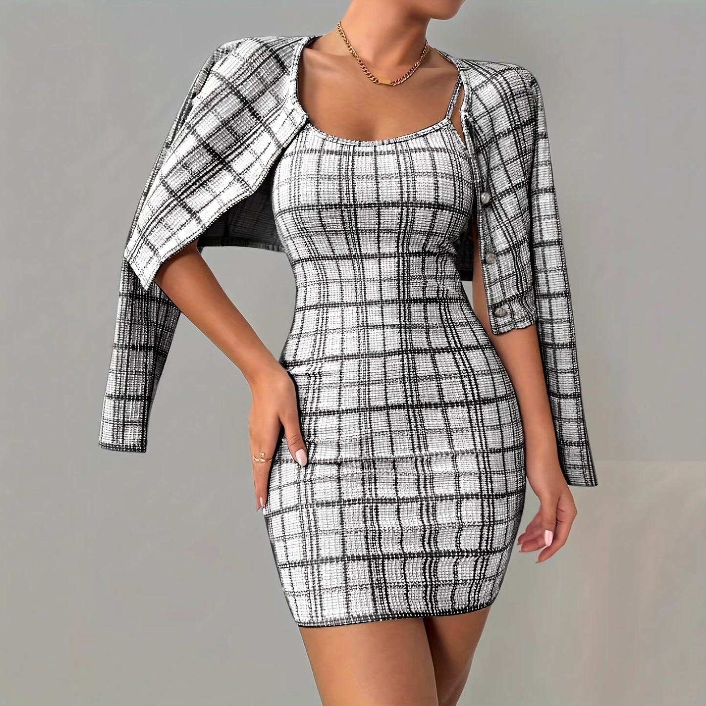 Womens Plaid Long-Sleeve Jacket And Suspender Skirt Set
