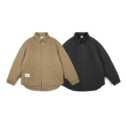 Double Pocket Solid Color Cotton Shirt Men's Warm Jacket