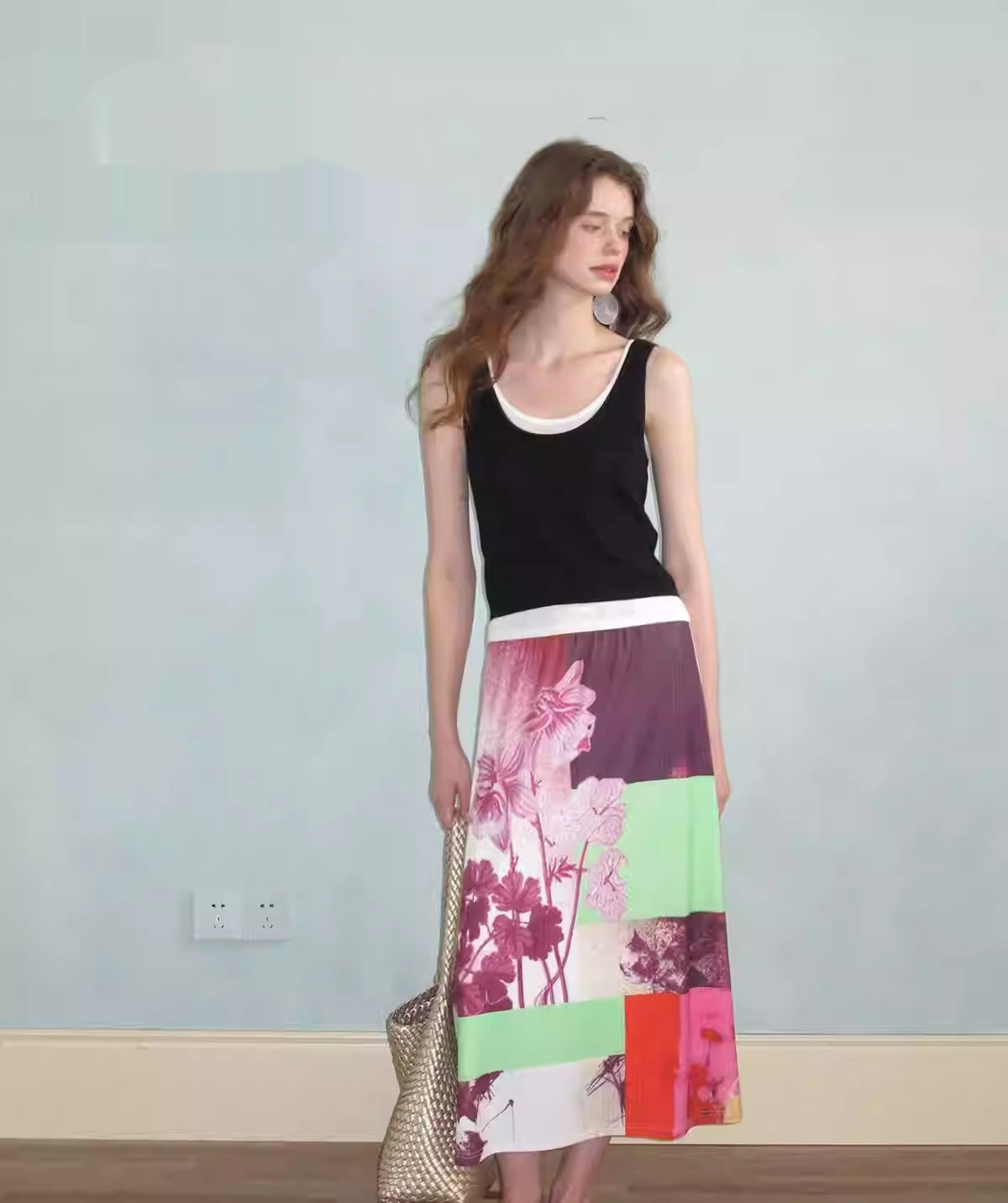 Bonfire Manor Loose Effortless Retro Print Stretch Knit Midi Skirt