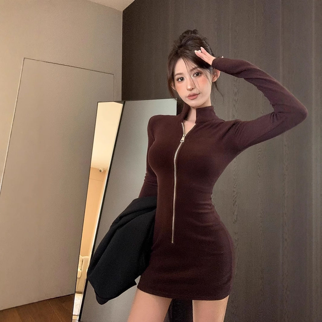 American-style Spicy Girl Stand-up Collar Long-sleeve Dress