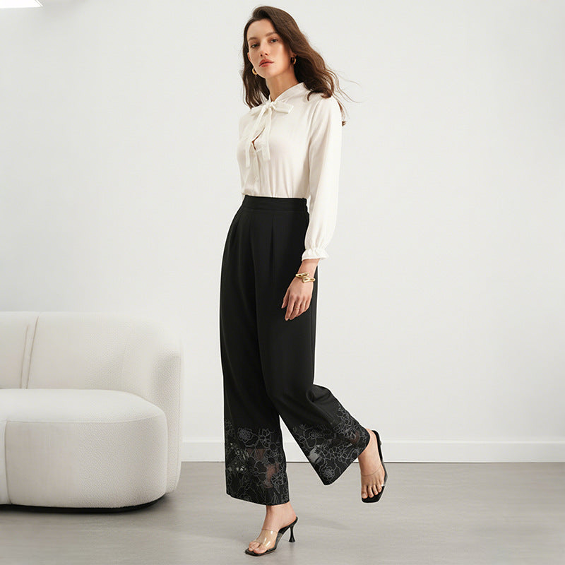 Solid-color Sheer Lace-panel Straight-leg Pants For Women
